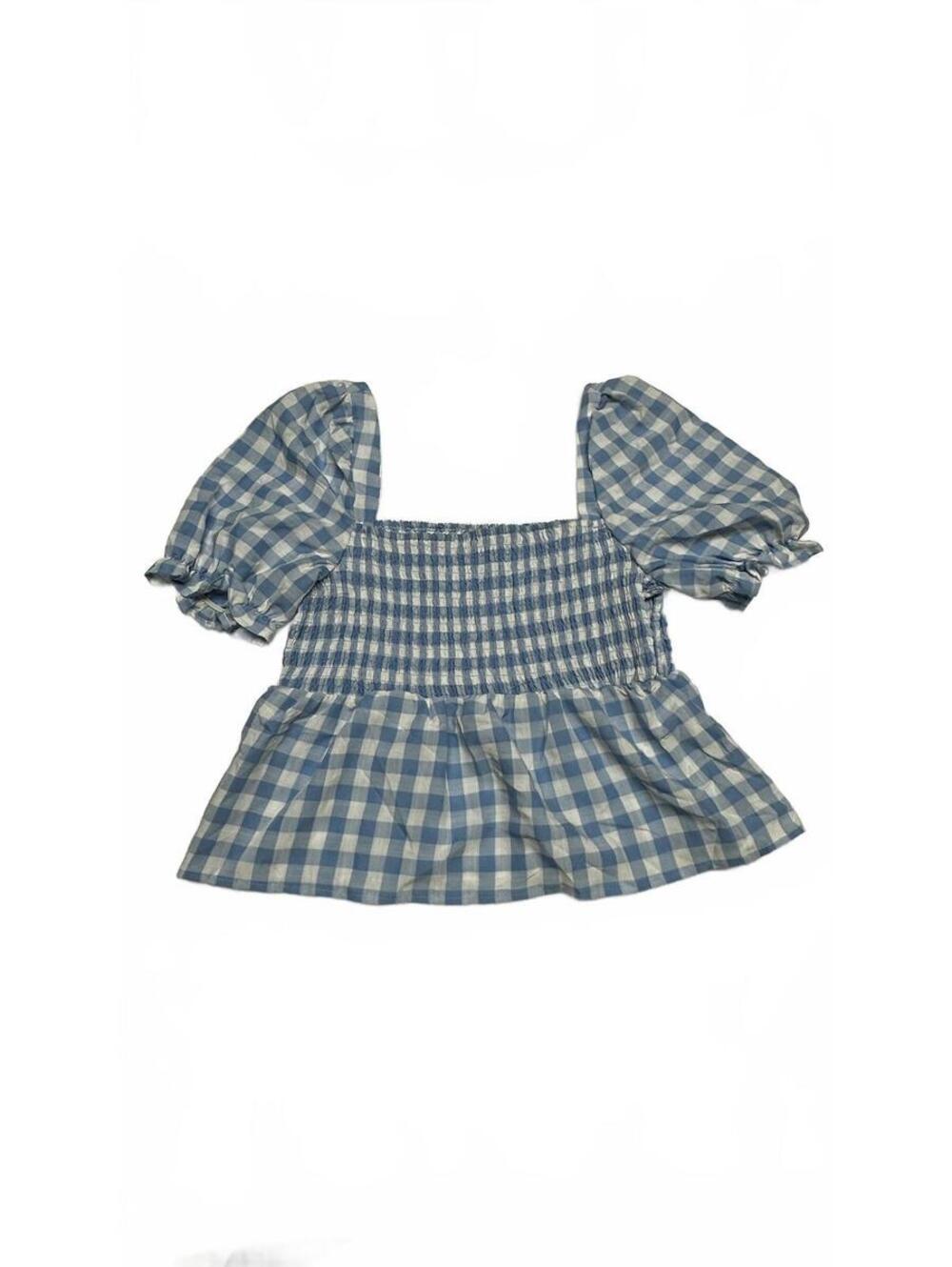 Dizzy Lizzy Blue and White Gingham Puff Sleeve Top - Size L